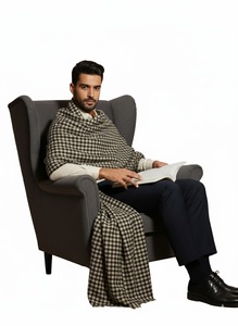 Checked <b>Wool</b> Shawl Scarf Long Plaid <b>Wrap</b> with Fringe Edge for Men Autumn Winter Wear - Product Image 2