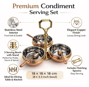 <b>Vintage</b> Party Condiment Set 3 Stand | Stainless Steel Copper Finish Serving Bowls | Durable Freezer <b>Safe</b> Spice Pickle Sauce Set - Product Image 2