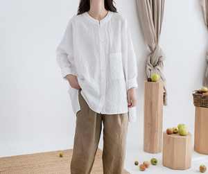 Chemise à manches longues pour femme, en lin blanc, coupe classique, respirante, 100% coton biologique, boutonnée - Product Image 1