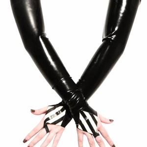 Black PU Opera-Length <b>Gloves</b> With Striped Finger Design Punk Style Unlined For Party Wear - Product Image 2