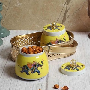 Durable Metal Pichwai Jar with Tray Storage <b>Container</b> Set for Home Temple Use - Product Image 1