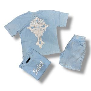 2026 Street Wear Graphic Skeleton Design Print Tapestry Loose Fit Full Button Summer Casual Rhinestone T Shirt and Short <b>Set</b> - Product Image 6