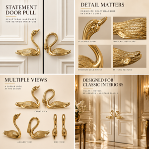 Poignée de porte dorée à motif cygne orné avec texture de plumes détaillée et profil de cou courbé pour l'entrée de villas et d'hôtels - Product Image 6