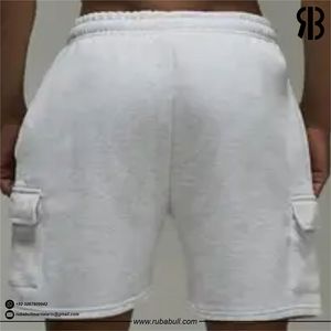 Shorts cargo blancs pour hommes, taille mi-haute, cordon élastique, décontractés, style Bermuda, avec poches, respirants, en coton tricoté - Product Image 4