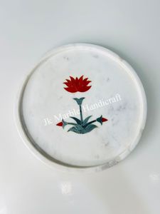 Assiette décorative ronde en marbre avec incrustation de fleurs rouges, design chinois traditionnel, vaisselle artistique faite à la main - Product Image 2