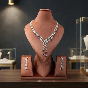 Parure de bijoux élégante en laiton plaqué rhodium avec rubis rouges et zircone cubique, collier et boucles d'oreilles, pour mariée et mariage - Product Image 3
