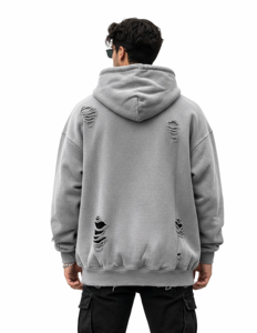 Sweat à capuche zippé gris délavé pour homme, coupe oversize, style vintage, effet usé, en molleton, streetwear, avec poches - Product Image 5