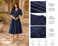 Robe longue femme en coton et lin de style bohème, écologique, respirante, taille naturelle, bleu marine, estivale et flatteuse