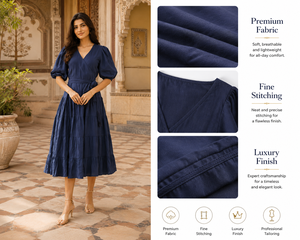 Robe longue bohème premium en coton et lin pour femme, écologique, respirante, bleu marine, été, col en V flatteur, taille à nouer - Product Image 3