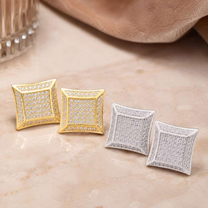 Moissanite <b>Square</b> Stud <b>Earrings</b> Pave <b>Diamond</b> Look White Gold Luxury Sparkling Statement Jewelry for Women and Men - Product Image 2