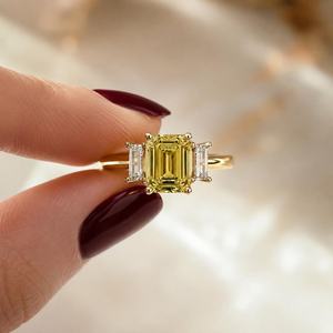 Yellow Moissanite 3CT <b>Emerald</b> Cut Gemstone Three Stone <b>Ring</b> Original 925 <b>Silver</b> for Fine Wedding Anniversary Party Promise Gift - Product Image 5