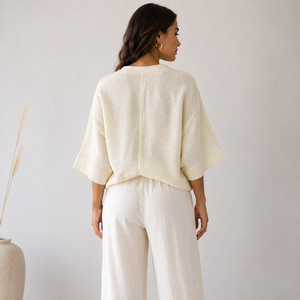 Haut court en tricot pour femme, col en V profond, torsadé sur le devant, coupe décontractée, manches larges, léger et respirant |   Haut décontracté pour l'été, idéal pour la superposition - Product Image 2