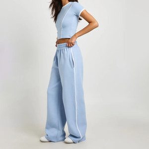 Ensemble 2 pièces bleu clair pour femme : Crop top à manches courtes et pantalon large décontracté, coupe ample, idéal printemps-été, tenue de sport pour femme - Product Image 4
