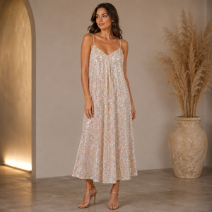 Womens Champagne <b>Sequin</b> Maxi Dress Spaghetti Strap V Neck Sleeveless Sparkly Evening Party Wedding Formal Loose Fit Floor Length - Product Image 3