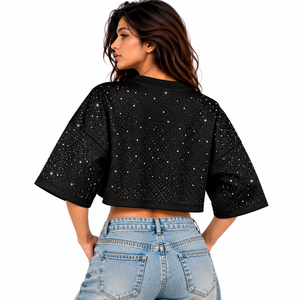 <b>Y2K</b> Women's Black Rhinestone Cropped Jersey V Neck Oversized Short Sleeve Number Graphic Streetwear Sportswear Custom Teamwear - Product Image 2
