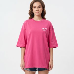 เสื้อยืดผู้หญิงคอตตอนคุณภาพสูงแบบโอเวอร์ไซส์ สไตล์ลำลอง สตรีทแวร์ สีชมพูฟูเชียล้วน รับผลิตตามสั่งขายส่ง - Product Image 1