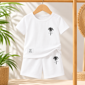 Ensemble de vêtements d'été 2 pièces pour bébés garçons et filles, T-Shirt blanc à manches courtes et short avec imprimé palmier - Product Image 3