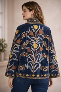 Veste Suzani en velours bleu marine de qualité supérieure, brodée de fleurs, col montant, faite à la main, style bohème, manches longues, vêtements d'extérieur pour femmes, automne - Product Image 4