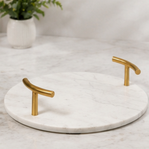 Round Marble <b>Storage</b> Tray With Gold Handles Modern Design Durable Indoor <b>Tabletop</b> Accessory Living Room Decor - Product Image 6