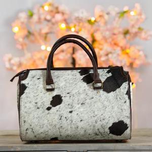 Luxury Cowhide Pattern Leather <b>Duffel</b> <b>Bag</b> With Turquoise Concho Buckle Zipper Closure Women's Handbag - Product Image 2