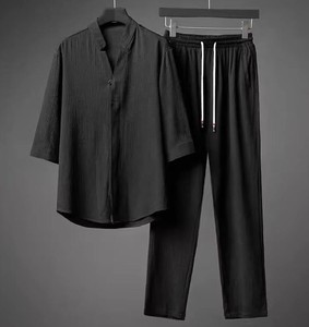 Men's Casual Two Piece Set Solid Color Cotton Shirt Pants Autumn Outfit V-Neck Breathable Woven Fabric - Product Image 3