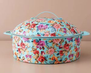 Plat à rôtir rond en émail floral turquoise de luxe avec couvercle, plat de service en porcelaine de style vintage pour la restauration professionnelle et la décoration intérieure - Product Image 1