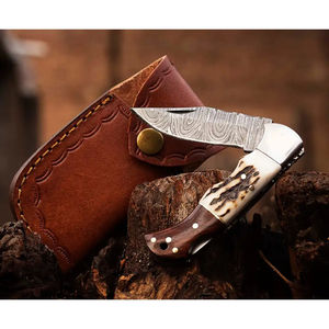 Couteau de poche multifonctionnel Burraq DIY fait main en acier Damas industriel de 8 pouces avec ouverture coulissante/bouton rotatif et étui en cuir - Product Image 4