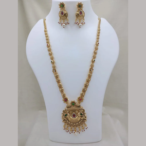 JewelEMarket Traditional Pota Stone and <b>Pearl</b> Designer Long Necklace <b>Set</b> Gold Plated Bridal Festive Ethnic Jewellery for Women - Product Image 2