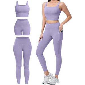 2 Piece Workout Sets for Women High Waisted Leggings with Pockets Tummy Control Biker Shorts Yoga Sports Bra <b>Seamless</b> Spandex - Product Image 2