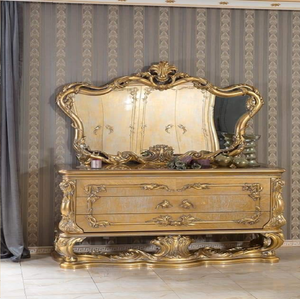 Grand <b>gold</b> carved wooden <b>console</b> <b>table</b> set with integrated candle holders and mirror, available at wholesale prices. - Product Image 3