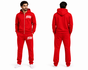 Ensemble de survêtement rouge pour homme, sweat à capuche zippé et pantalon de jogging en molleton uni, personnalisable avec logo ODM sur le devant, vêtements de sport décontractés pour l'hiver, coupe classique 350g - Product Image 3