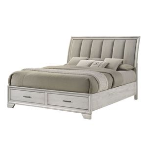 Cama King Size Ultra Acolchada con Plataforma de Almacenamiento, Acabado Blanco Niebla, Cabecera Tapizada de Madera Sólida, Dos Cajones de Almacenamiento en el Pie de Cama, 1 Pieza - Product Image 1