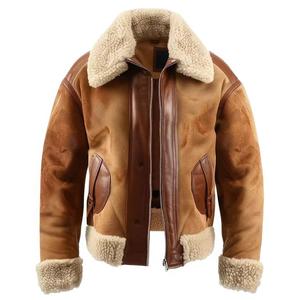 Men's <b>Brown</b> Genuine <b>Leather</b> Aviator <b>Jacket</b> With Sherpa Lining Turn-down Collar Zipper Closure Winter Moto Biker Style - Product Image 3