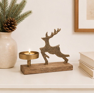 Premium Gold Reindeer Tealight Candle Holder With Natural Mango Wood Base Antique Metal Stag Table Centerpiece For Christmas - Product Image 3