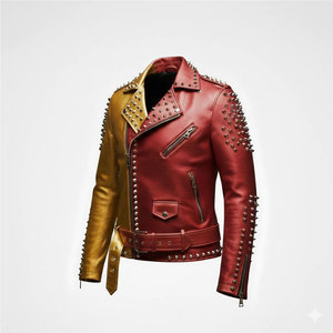 Men’s Gold Red Split Leather Biker <b>Gothic</b> <b>Jacket</b> Dragon Patch Spiked Punk Rock Moto Top Sell - Product Image 3