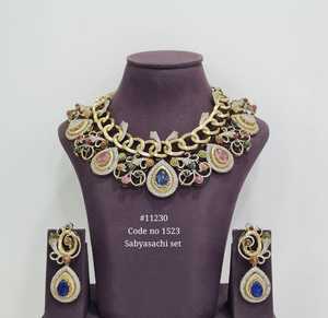 11230Designer Necklace Earrings Doublet Stone with Cubic Zirconia Sabyasachi <b>Inspired</b> <b>Jewelry</b> Wedding Party Trendy Style - Product Image 4