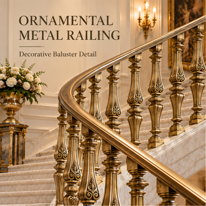 Rampe d'escalier vintage en métal doré avec balustres coniques ornementaux pour intérieurs d'historique de première qualité - Product Image 4