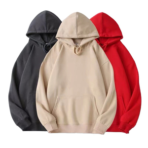 เสื้อสเวตเชิ้ตมีฮู้ดผู้ชาย สีพื้น ผ้าฝ้ายฟลีซ สวมใส่สบาย ทรงปกติ เหมาะสำหรับฤดูหนาว มีกระเป๋า สีเบจ ดำ แดง - Product Image 1