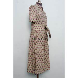 Stylish <b>Sweet</b> 100% Cotton Kangura A-Line Dress Short Sleeve Women India Handmade Floral Print Comfortable <b>Party</b> Wear Midi Dress - Product Image 5