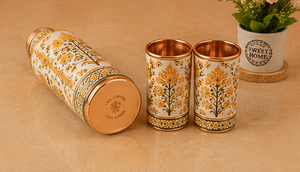 Ensemble de bouteille d'eau et de gobelet en cuivre floral moutarde de luxe, bouteille en cuivre botanique jaune artisanale avec tasses assorties, qualité supérieure - Product Image 2