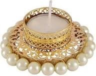 Portavelas Decorativo Tradicional Indio para Diwali y Navidad, Anillo de Latón Jali para Velas de Té, con Perlas Artificiales Blancas - Product Image 4