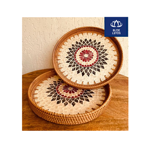 Bandeja de ratán de primera calidad, segura, limpia y ecológica, con incrustaciones de concha pura, ideal para decoración de mesas y servicio de desayuno, precio directo. - Product Image 1
