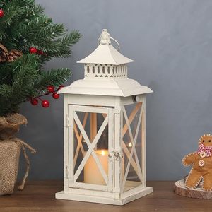 Farol de Metal y Vidrio Blanco Vintage, Farol Colgante Decorativo Estilo Rústico para Decoración del Hogar, Jardín y Bodas - Product Image 1