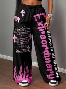 Plus Size - Women'S Casual Loose Letter <b>Print</b> Drawstring Pants Medium Stretch Fabric <b>Alphabets</b> Pattern - Product Image 5
