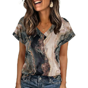 Blusa de Verano Casual Elegante para Mujer con Estampado de Mármol y Gráficos de Vetas Doradas, Cuello en V y Manga Corta, Venta al por Mayor - Product Image 6