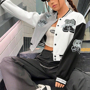 Varsity Jacket Women's Gray White Black Letter Print Full Sleeve Turn-down Collar Single Breasted Autumn Wear - Product Image 6