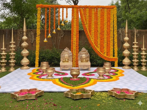 Escenario para la Ceremonia Haldi del Sur de Asia con Decoración Tradicional, Accesorios Vintage Modernos de Fibra de Vidrio, para Rituales Indios al Aire Libre, Configuración para Haldi en EE. UU. - Product Image 3