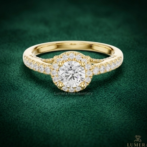 แหวนหมั้นเพชรทรงกลมเจียระไนแบบ Halo ทองคำขาว 14K/18K หรูหรา ประดับเพชรเลี้ยงในห้องปฏิบัติการ พร้อมวงแหวนแบบ Pavé สำหรับผู้หญิง เครื่องประดับชั้นดี รับผลิตแบบ OEM ODM - Product Image 1