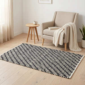 Handmade Recycled Leather Accent <b>Rug</b> with Tribal Stripe Design for Bedroom Scandinavian <b>Rustic</b> & Farmhouse Home - Product Image 4
