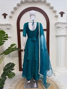 Elegant Party Wear Gown Set Elastic <b>Waist</b> Pant Soft Net Lace Dupatta Heavy Fendy Crush Gown Cut Dana <b>Beads</b> Sequence Work - Product Image 5